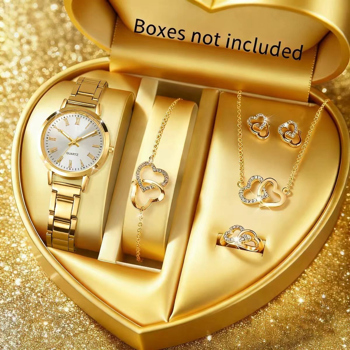 Jewelry Watches Women - 6 ชิ้นแฟชั่นผู้หญิงนาฬิกาควอทซ์ชุดเครื่องประดับไรน์สโตนสง่างามสุภาพสตรีนาฬิกาข้อมือโลหะผสมเรโลจิโอ เฟมินีโน(ไม่มีกล่อง)