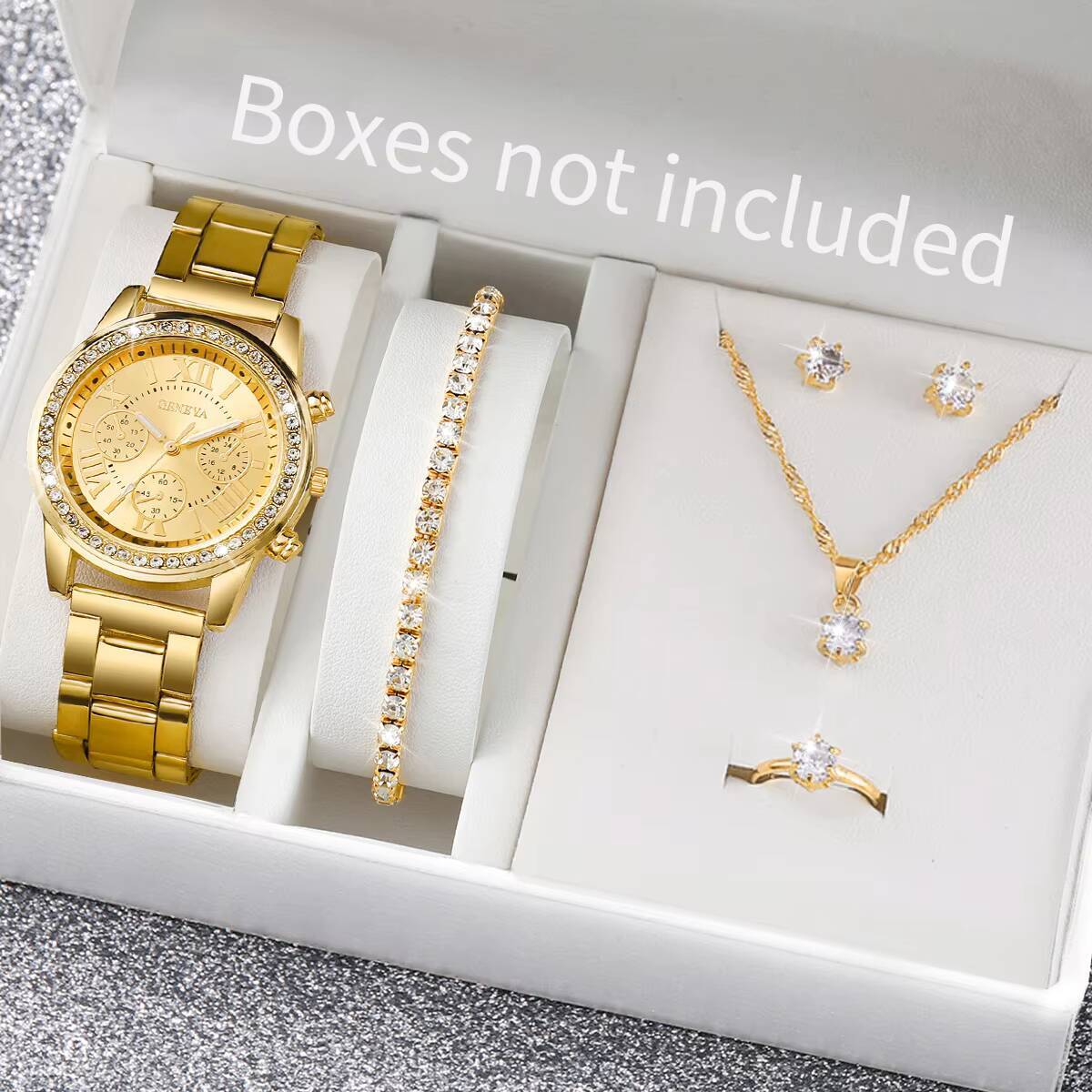 Jewelry Watches Women - 6 ชิ้น/เซ็ตแฟชั่นไรน์สโตนนาฬิกาผู้หญิงนาฬิกาข้อมือควอตซ์แบบแอนะล็อกชุดเครื่องประดับเรลิโอ เฟมินีโน(ไม่มีกล่อง)