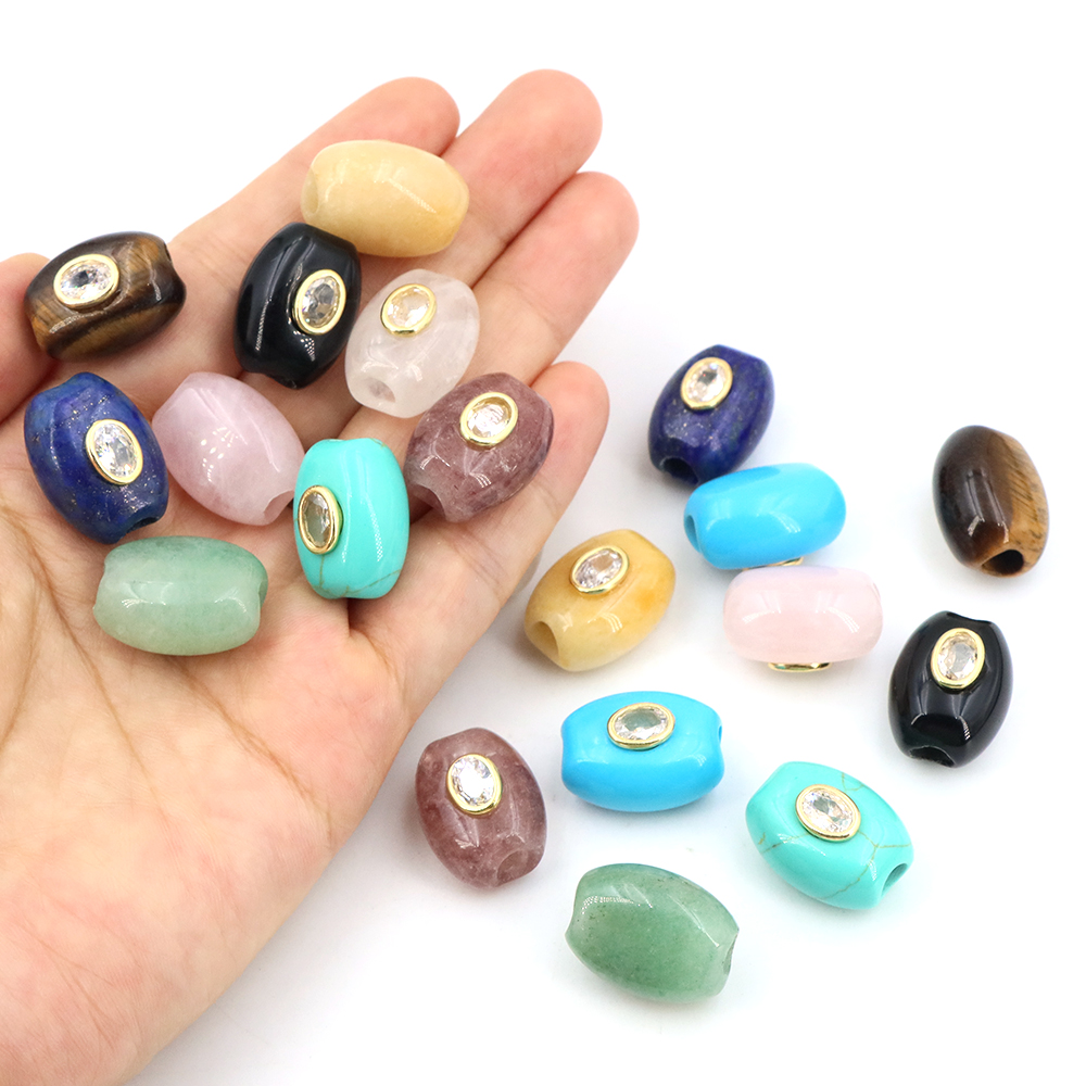 Gemstone Bracelet Healing - ลูกปัดหินธรรมชาติรูใหญ่ทรงแบนประดับเพชรซิคอน คริสตัลบำบัด สำหรับทำเครื่องประดับ สร้อยข้อมือ DIY ทำมือ