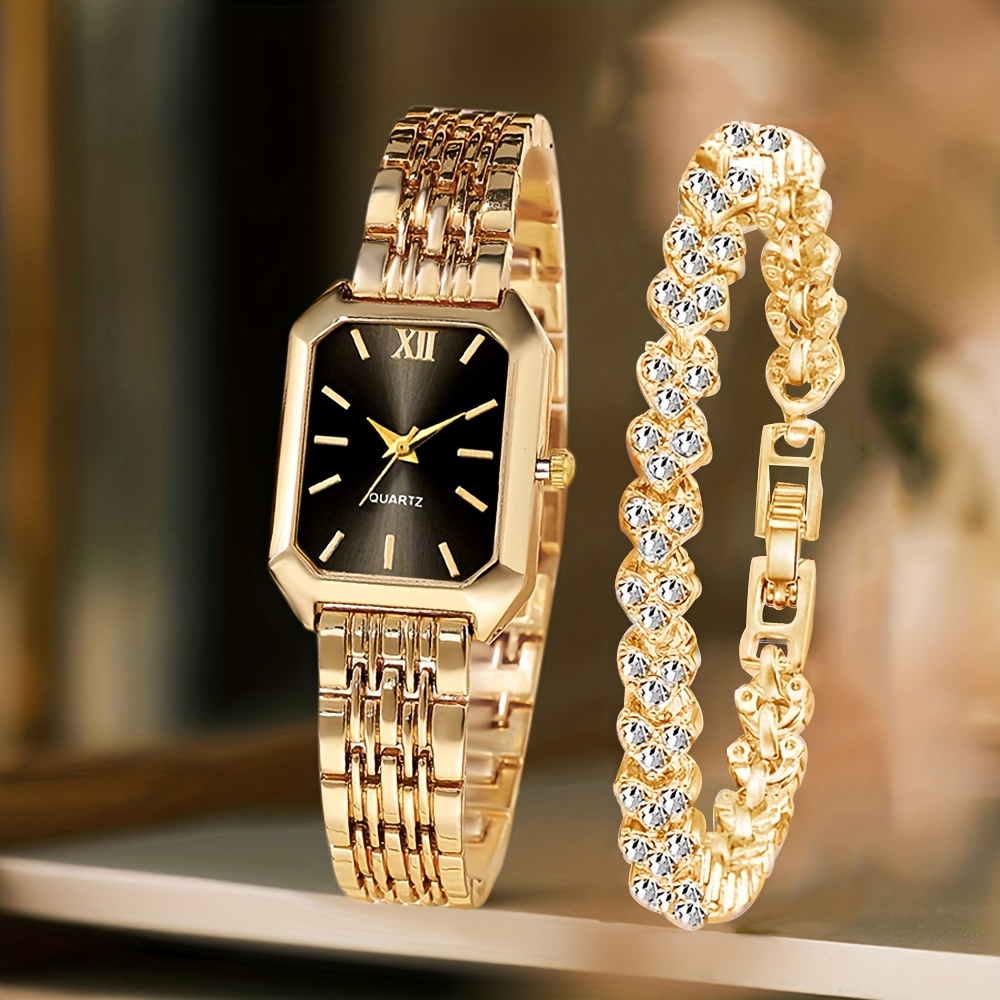 Jewelry Watches Women - นาฬิกาข้อมือควอตซ์แฟชั่นทรงสี่เหลี่ยมผืนผ้าสำหรับผู้หญิง 2 เรือน พร้อมชุดกำไลประดับเพชร หน้าปัดแบบโรมัน นาฬิกาข้อมือสำหรับสุภาพสตรีและเด็กผู้หญิง