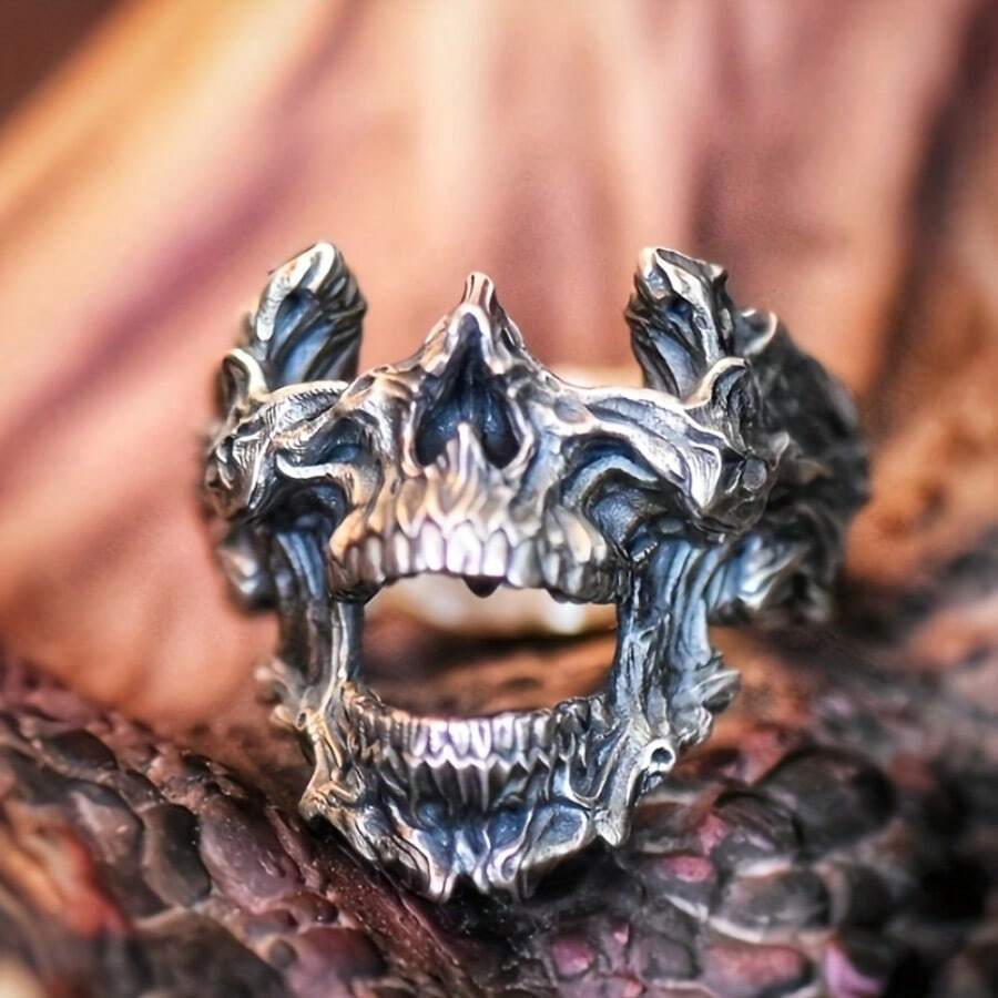 Gothic Skull Ring - แหวนหน้ากากหัวกะโหลกสไตล์วินเทจกอธิค ปากแหวนเปิดแบบไม่สมมาตร แหวนนิ้วชี้ลายปีศาจ ปรับขนาดได้