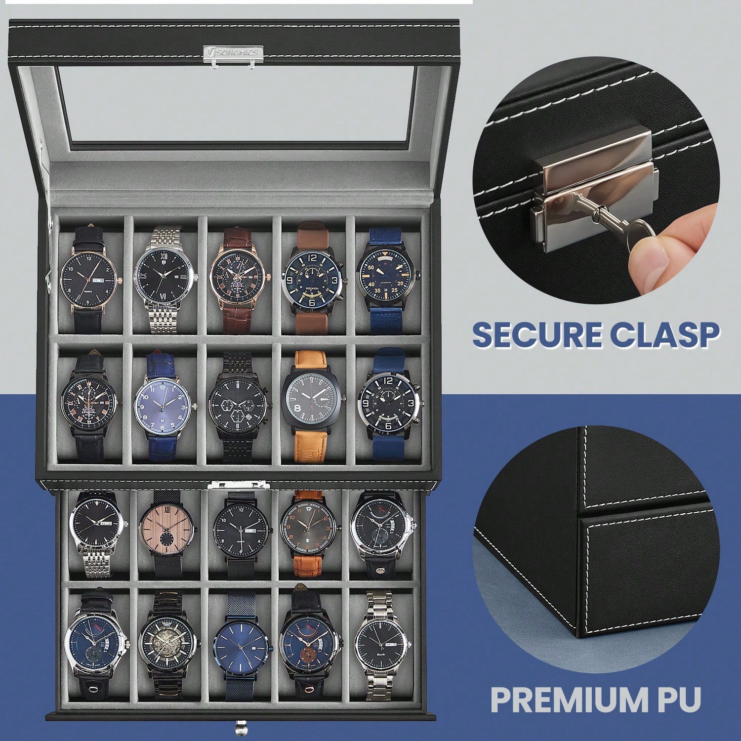 กล่องใส่นาฬิกา 20 ช่อง พร้อมฝา - Watches Jewelry Holder บทวิจารณ์และราคา